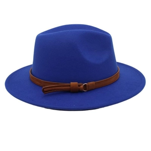 Close-up of royal blue wool felt fedora featuring a brown faux leather belt and metal buckle