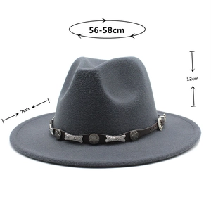 Detail of wool fedora with size markers: 12cm height, 7cm brim, and 56-58cm circumference