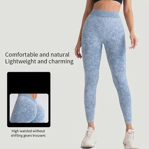 Leggings de yoga sans couture bleu clair délavé à taille haute avec effet push-up fessier