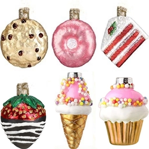 Close-up of 6-piece assorted Christmas glass dessert ornaments with glitter details