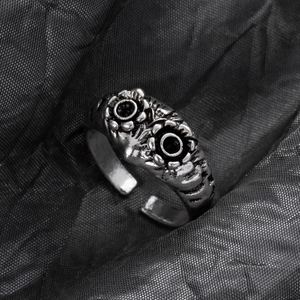 Macro shot of retro silver alloy ring featuring vintage owl eyes and open adjustable band