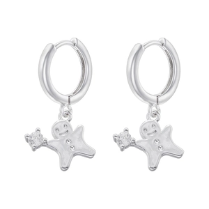 Detailed view of silver hoop earrings featuring a cute character pendant with round zircon