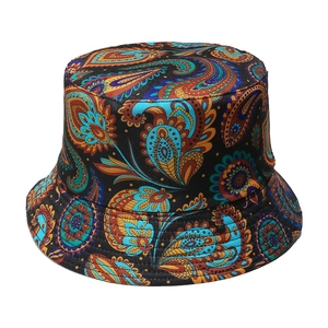 Classic bucket hat with ethnic paisley print in vibrant colors on a black canvas background