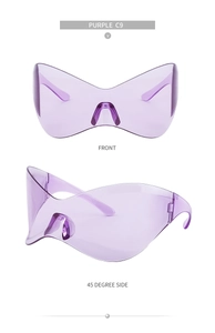 Front and side macro views of purple Y2K rimless cycling sunglasses with butterfly lenses