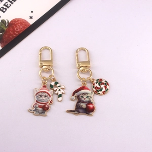 Christmas series cute printed cat metal keychain bag pendant holiday accessory cute gift.