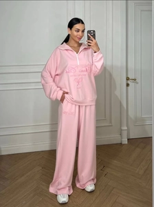 Women Cotton Half Zip Sweatshirt And High Waist Wide Leg Sweatpants Tennis Club Embroidery Loungewear Solid Color