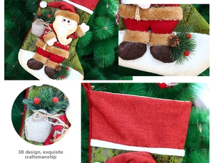 Detail of 3D Santa Claus embroidery on red burlap Christmas stocking with pine cones