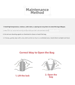 Maintenance instructions and buckle opening guide for satin evening clutch bag