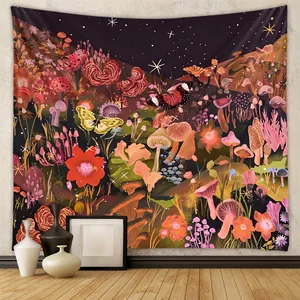 Tapisserie Murale Forêt De Champignons Polyester Fantaisie Papillon Floral Nuit Étoilée Psychédélique Décoration Bohème