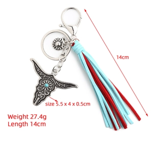 Bohemian bull head keychain with colorful tassels and western ethnic tribal charms