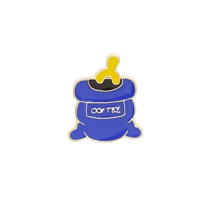 Vintage style blue and yellow coffee bag enamel pin with golden metal outline