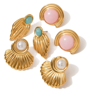 Vintage gold stainless steel earring set with pink, green gemstones and white faux pearls