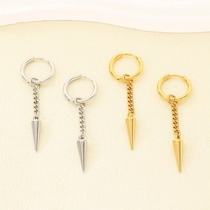 Detailed view of stainless steel hoop earrings with chain and cone spikes in gold and silver