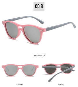 Multi-angle views of pink and grey double-bridge kids sunglasses with grey lenses
