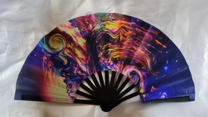 Top view of an open folding fan featuring colorful fluid psychedelic art patterns