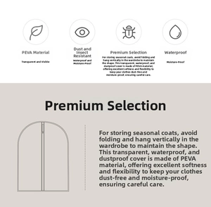 Detail showing waterproof PEVA garment bag with transparent design for dust protection