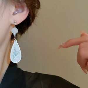 New Chinese resin flower drop earrings with white orchid relief and silver pins