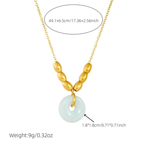 Detail of gold chain necklace with green donut pendant and 17.36 inch length measurement