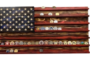 Detailed wall view of a handmade wooden American flag challenge coin display rack
