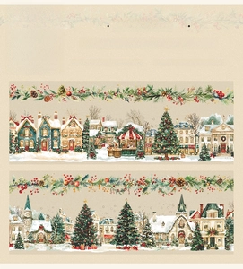 Dettaglio nastro PET scena natalizia con edifici europei e decorazioni festive