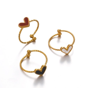 Adjustable gold heart rings in red, black, and white drip oil finishes for women