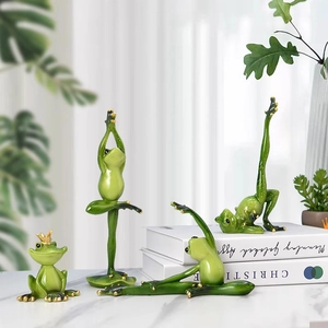 Set of four green resin yoga frog figurines with gold accents for home bookshelf decor