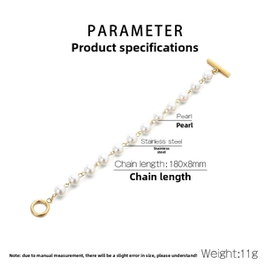 Detail view of pearl beaded bracelet with gold stainless steel OT toggle clasp
