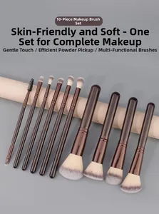 Detailed view of a 10-piece makeup brush set with brown handles and gradient bristles