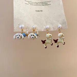 Cute puppy drop earrings with large round pearls and colorful enamel for women