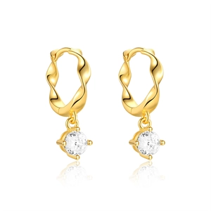 Detail of gold twisted hoop earrings with sparkling four-prong set round zircon drops