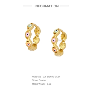 Detail of 925 sterling silver evil eye hoop earrings with 9mm diameter measurements