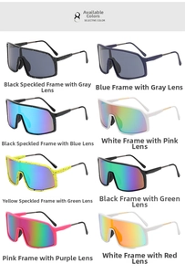 Flat lay of colorful cycling sports sunglasses with various mirrored lenses and frames