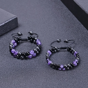 8MM natural amethyst and hematite beaded double-layer adjustable bracelet for couples