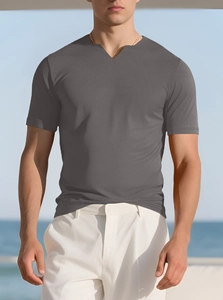 Detail of men's dark gray stretch t-shirt featuring a V-notch neckline and knit texture