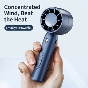 Portable handheld mini turbine fan in dark blue finish with ergonomic handle and LED