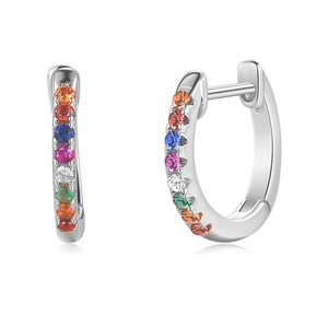 S925 sterling silver hoop earrings with colorful rainbow cubic zirconia on white background
