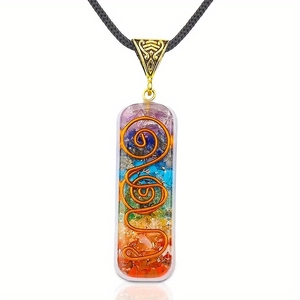 Chakra resin pendant necklace with seven natural healing stones and copper spiral wire