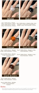 Detailed size chart and multi-color resin rings including black, amber and emerald green