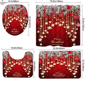 Detailed size chart for Christmas shower curtain set with bath mats and lid cover measurements