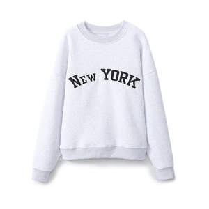 Womens Crew Neck Sweatshirt New York Letter Embroidery Fleece Lined Long Sleeve Pullover Vintage Casual Streetwear Top
