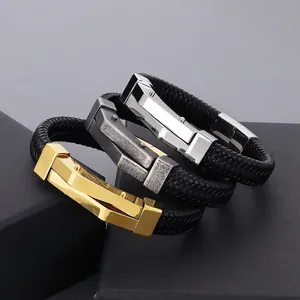 Men Woven Leather Bracelet With 316L Stainless Steel Geometric Clasp Industrial Punk Magnetic Buckle Jewelry Accessory