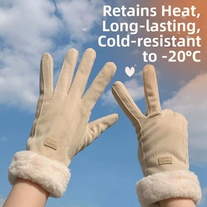 Detail von beigen Wildleder Winterhandschuhen mit dickem Webpelz und Kälteschutz-Etikett