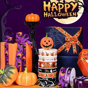 9m Halloween ribbon rolls with pumpkin and bat prints for festive gift wrapping and DIY decor