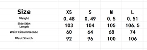 Detailed size chart for floral pleated skirt showing weight and waist measurements