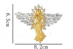 Detailed view of matte gold angel brooch showing dimensions of 6.5 cm by 8.2 cm