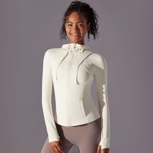 Women's UV protection slim-fit hooded sports jacket with thumb holes in cream white