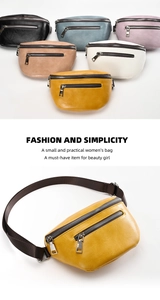 Detailed view of fashionable faux leather waist bags in multiple colors with metal zippers