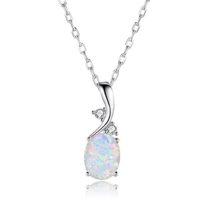 Elegant Oval Opal Pendant Necklace Copper With Zirconia Accents Sweet Dainty Jewelry For Women Birthday Gift