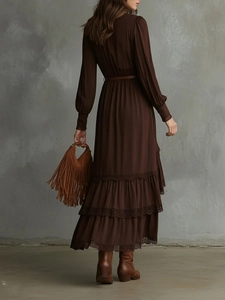Bohemian V-neck long sleeve tiered dress in dark brown with lace trim back view