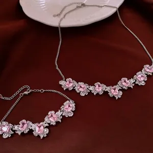Flower Shape Pink Cubic Zirconia Necklace And Bracelet Sweet Elegant Fashionable Jewelry For Women Copper Silver Plated